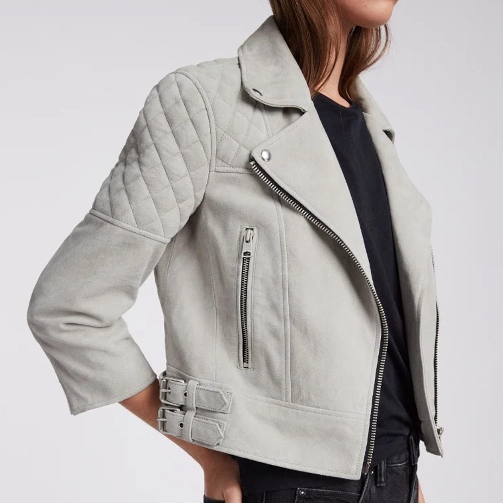 AllSaints Beattie Grey Suede Leather Cropped Biker Moto Jacket Size 2 NWT